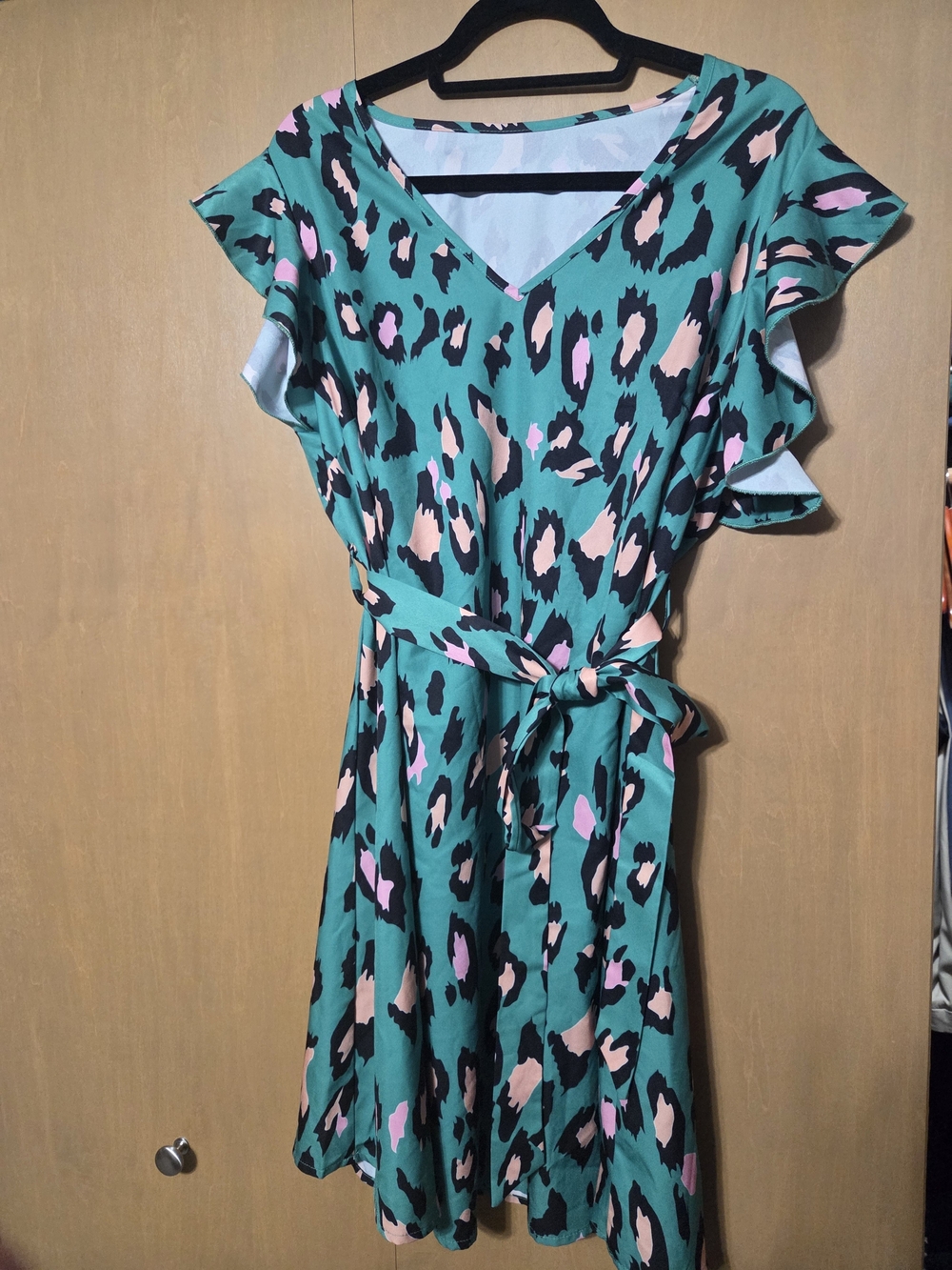 Teal Animal-Print Tie-Waist Mini Dress